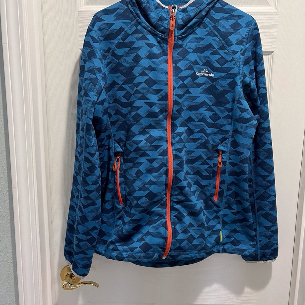 Kathmandu Polartec Blue Hooded Athletic Jacket with Orange Accents XL